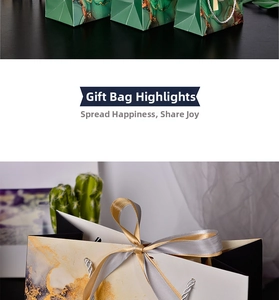 Detailed view of marble pattern gift bags featuring stylish satin ribbon bows and geometric art
