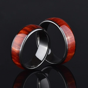 Men Ring Stainless Steel With Wood Grain Inlay Vintage Retro Personalized Domed Band Jewelry For Boys Unisex