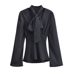 Women Black Satiny Blouse Tie Neck Bow V Neck Long Sleeve Bell Cuffs Elegant Fashion Shirt Top