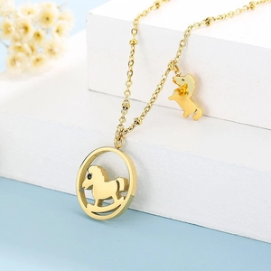 Cute Cartoon Rocking Horse Hollow Round Pendant Necklace For Women 316L Stainless Steel Rhinestone Jewelry Charm Dainty