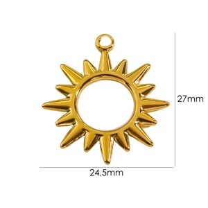 Detailed macro view of a 24.5mm x 27mm sunburst 14K gold plated stainless steel pendant