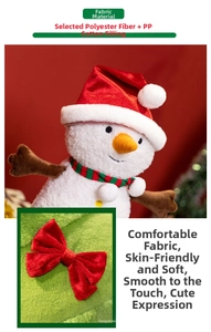 Detail of plush snowman with red hat, striped scarf and high-quality velvet bow stitching