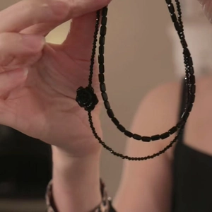 Double Layer Beaded Necklace Glass Beads Black Rose Flower Pendant Clavicle Chain Gothic Dark Style For Women
