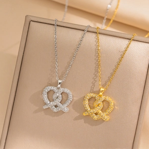 Heart Pretzel Knot Pendant Necklace Stainless Steel Sparkling Zircon Inlaid Elegant Minimalist Jewelry For Women