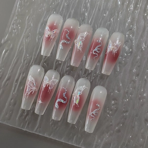 Faux ongles Coffin 5D motif papillon et serpent, dégradé rouge, lot de 10 pièces