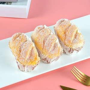 Three realistic PU artificial cream bread models on a white plate with pink background