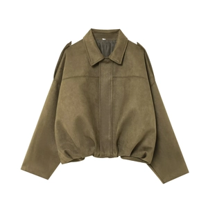 Giacca bomber verde oliva scamosciata con spalline e dettaglio orlo a pieghe