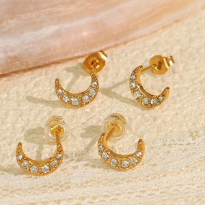 Boucles d'oreilles lune en acier plaqué or 18k avec zircone et deux types de fermoirs