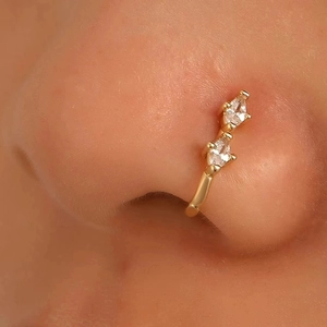 925 Sterling Silver Gold Star Nose Ring Clip with Double Pear-Shaped Zircon Stones