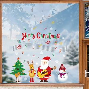 Festive Christmas window stickers with Santa, snowman and reindeer on glass background
