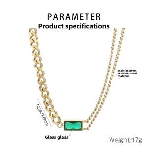 Technical dimensions of gold stainless steel necklace with green rectangular gemstone