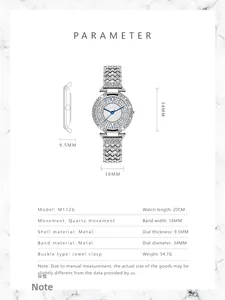 Detailed dimension chart and size specifications for a crystal-encrusted quartz watch