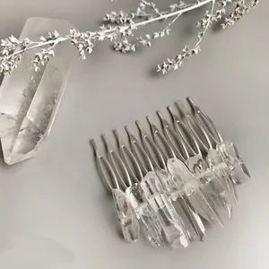 Handmade natural clear quartz crystal hair comb with silver metal teeth for wedding headwear