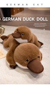 Detail of two layered platypus plush toys in dark brown and white soft fur