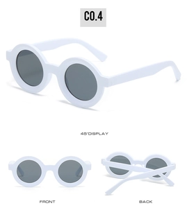 Three-view display of white round sunglasses with dark grey lenses in professional layout