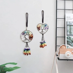 Tree of Life hanging decor with colorful chakra natural stones in round and heart shapes