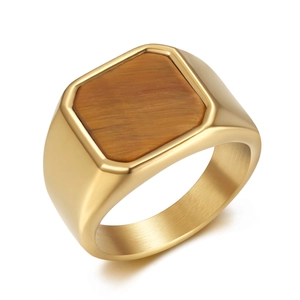 Men's vintage golden stainless steel signet ring featuring a rectangular tiger eye stone