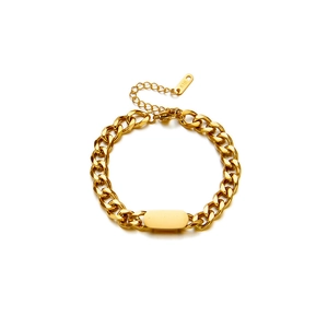 Polished 18K gold rectangular pendant on thick curb chain bracelet for women