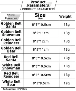 Detailed product size and weight chart for Christmas tree bell ornaments and dolls