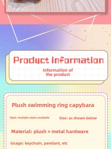 Detailed product specifications card for capybara plush keychain showing materials and usage