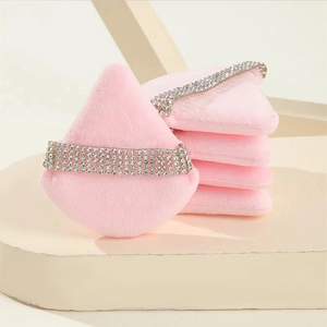 Pink triangular powder puffs with rhinestone decorative strap set of six for makeup