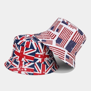 Detail of vintage flag print bucket hats with durable canvas texture and sun protection