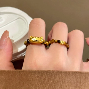 Tiger Eye Stone Beaded Elastic Ring Vintage Lucky Cat Fortune Coin Charm Jewelry For Women