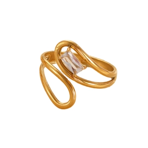Detail of a gold wrap ring with a rectangular clear zircon stone on a white background