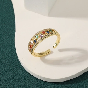 Luxurious gold-plated adjustable ring featuring colorful rectangular zircon stones and small crystals