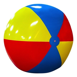 Detail of a smooth inflatable beach ball with vibrant red, yellow, and blue panels