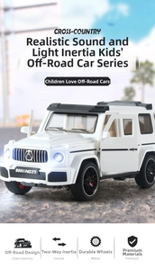 Macro detail of white off-road toy car model with functional lights and opening doors