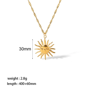 Gold stainless steel sun face pendant necklace with dimensions and weight specs