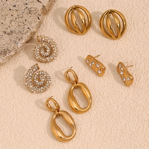 Vintage 18K gold plated stainless steel earring set with pearls and geometric designs