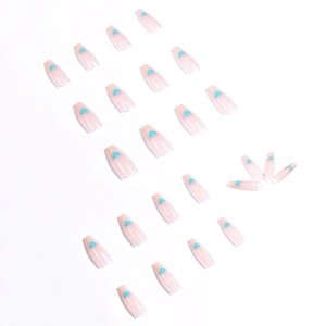 Translucent nude pink coffin fake nails with minimalist light blue heart patterns