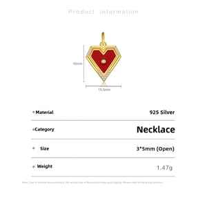 Detailed size specifications for S925 sterling silver heart pendant with red enamel