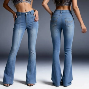 Front and back detail of light blue low waist flare jeans with seam stitching