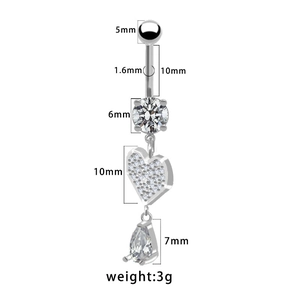 Piercing de nombril en acier avec pendentif cœur et zircons ronds argentés brillants
