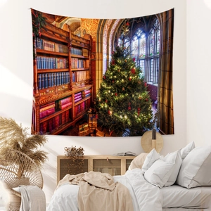Detail of bohemian Christmas tapestry showing a cozy library scene with festive holiday tree