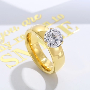 Classic gold titanium steel ring with a 6mm round zircon stone in a six-prong setting