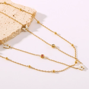 18K gold double layer butterfly pendant necklace with white shell and colored gemstones