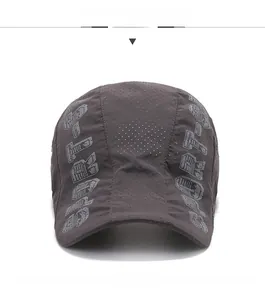 Detail of dark grey quick-dry mesh beret cap with SPORTS letter print for outdoor wear
