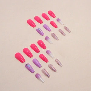 Long ballerina press-on nails featuring rose pink and purple gradient with rhinestones