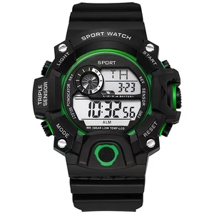 Tactical sport digital watch in black and green with waterproof and shockproof features