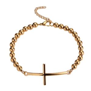 Minimalist gold plated titanium steel beaded bracelet with cross pendant on white background