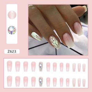 Pink gradient coffin press-on nails with sparkling rhinestones and glitter Z623 set