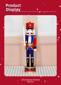 Detailed view of 36cm sequined Christmas Nutcracker soldier with sword and red feather hat