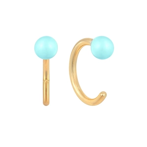 Detail of gold silver earrings featuring sky blue enamel beads on minimalist hoops