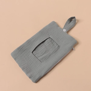 Grey cotton gauze baby wipes pouch with hanging strap and zipper detail view