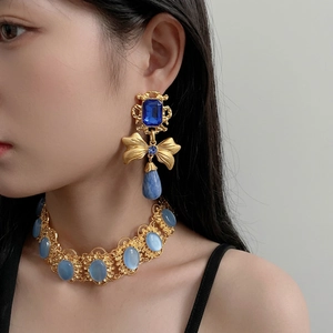 Vintage Baroque Alloy Blue Rhinestone Bowknot Square Waterdrop Earrings And Necklace Jewelry With Silver Earring Post