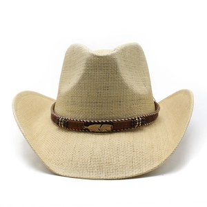 Ethnic western cowboy straw hat with gold feather accent and beads for sun protection